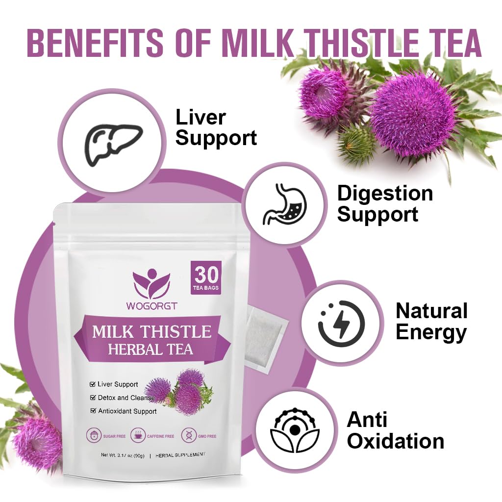 WOGORGT Dried Milk Thistle Tea - Organic Milk Thistle Herbal Tea for Liver Cleanse, Antioxidant and Immune Support, Caffeine Free - 30 Tea Bags