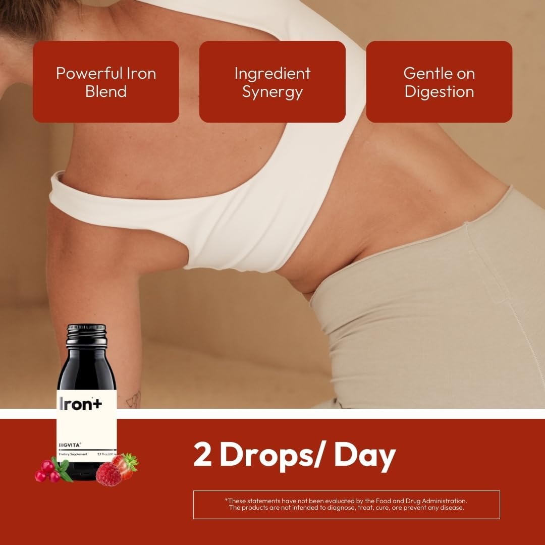 BIGVITA Iron+ | High Absorption Supplement with Microencapsulated Iron Drops + Folate, B6 & Cranberry Extract | No Metallic Taste, Mixed Berry Flavor, Gentle on Stomach | Energy & Hormonal Support