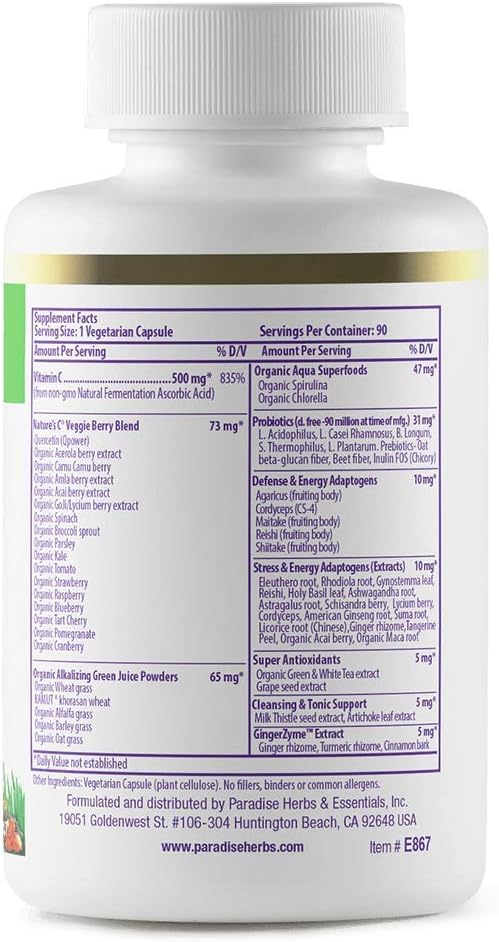 Paradise Herbs Earth's Blend Vitamin C with Nature's C and Adaptogens, Superfoods Base of Probiotics & Organic Alkalizing Greens, 90 Vegetarian Capsules (Pack of 2)