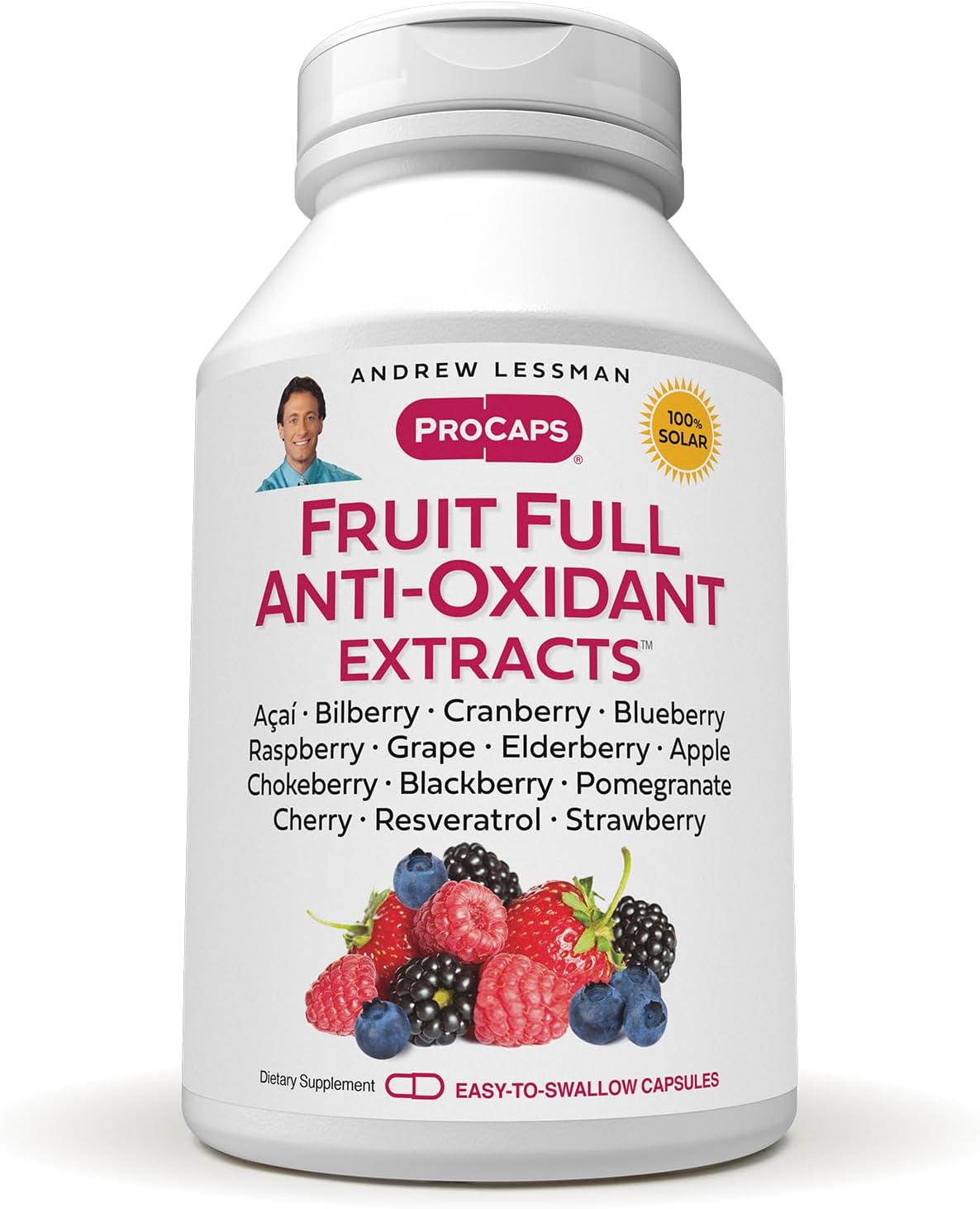 ANDREW LESSMAN Fruit Full Anti-Oxidant Extracts 60 Capsules - 14 Natural Fruit and Berry Extracts. Bilberry, Cranberry, Grape Seed, Pomegranate, Resveratrol, and More. Easy to Swallow Capsules