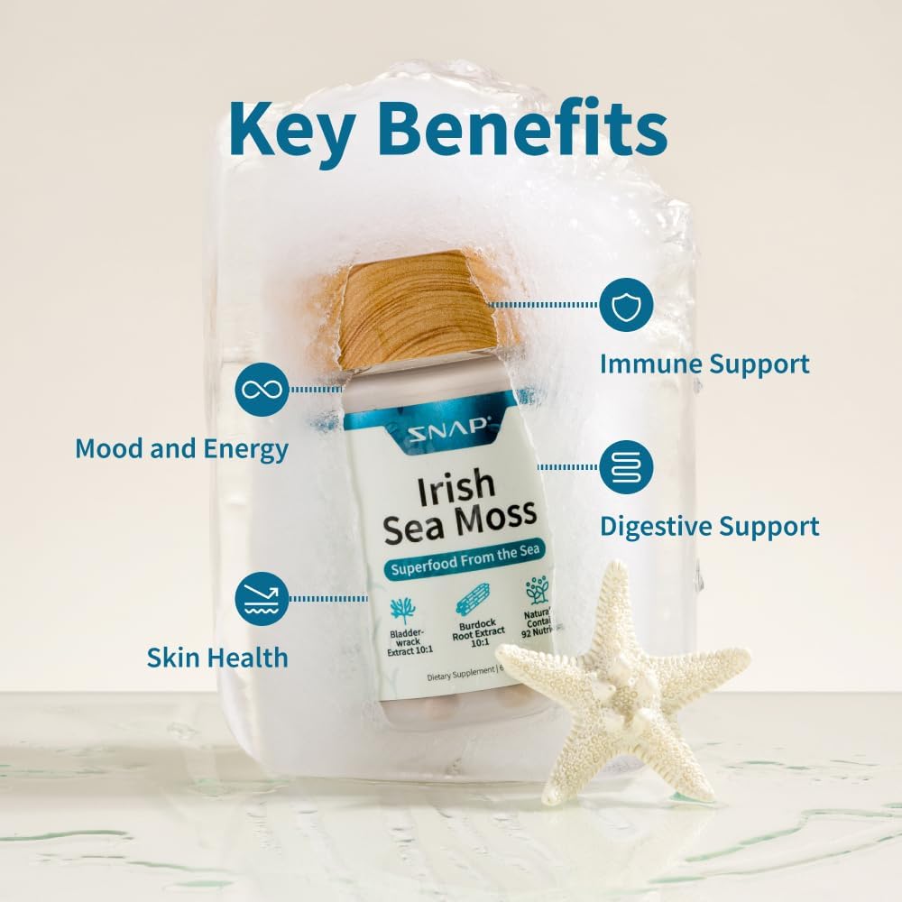 Irish Sea Moss Capsules w/Bladderwrack, Burdock Root & Iodine Energy Support - Seamoss Supplement to Elevate Mood, Strengthen Immunity & Digestion, Renew Skin Tone - Seamoss Pills (60 Capsules)