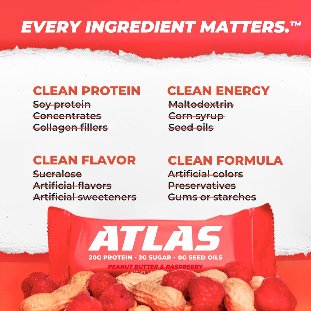 Atlas Bar – 20g Protein, 1g Sugar, 0g Seed Oils, 0g Artificial Sweeteners (12 Count, Peanut Butter Raspberry)