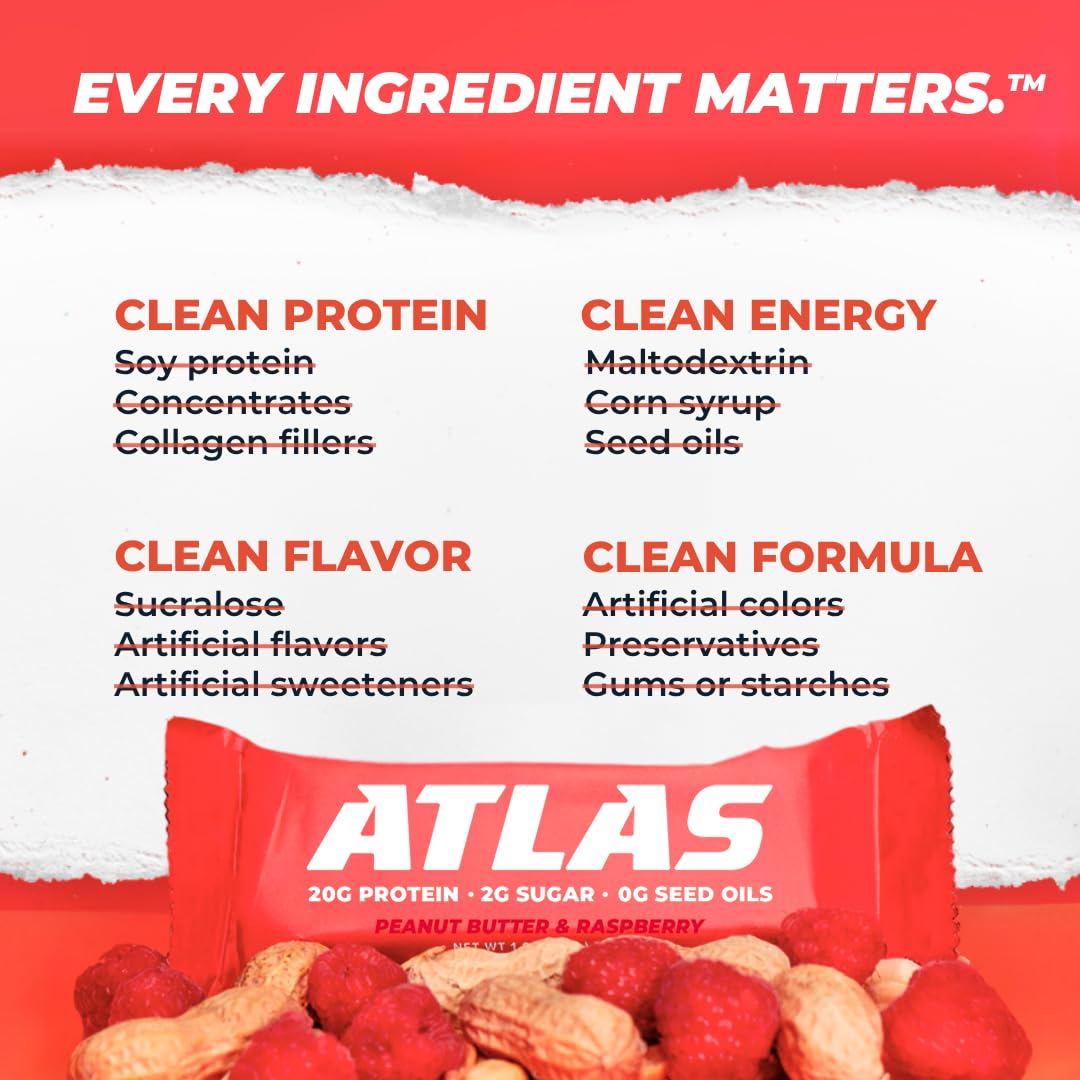 Atlas Bar – 20g Protein, 1g Sugar, 0g Seed Oils, 0g Artificial Sweeteners (12 Count, Peanut Butter Raspberry)