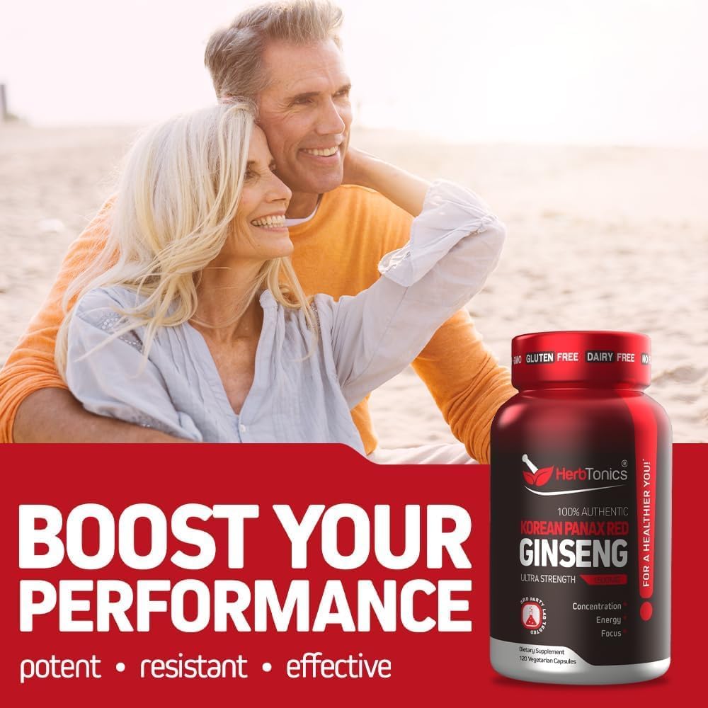 Herbtonics Korean Red Panax Ginseng 1500mg - Energy Supplement for Peak Performance, Focus & Vitality - High Potency Ginseng Root Extract - 120 Vegan Capsules