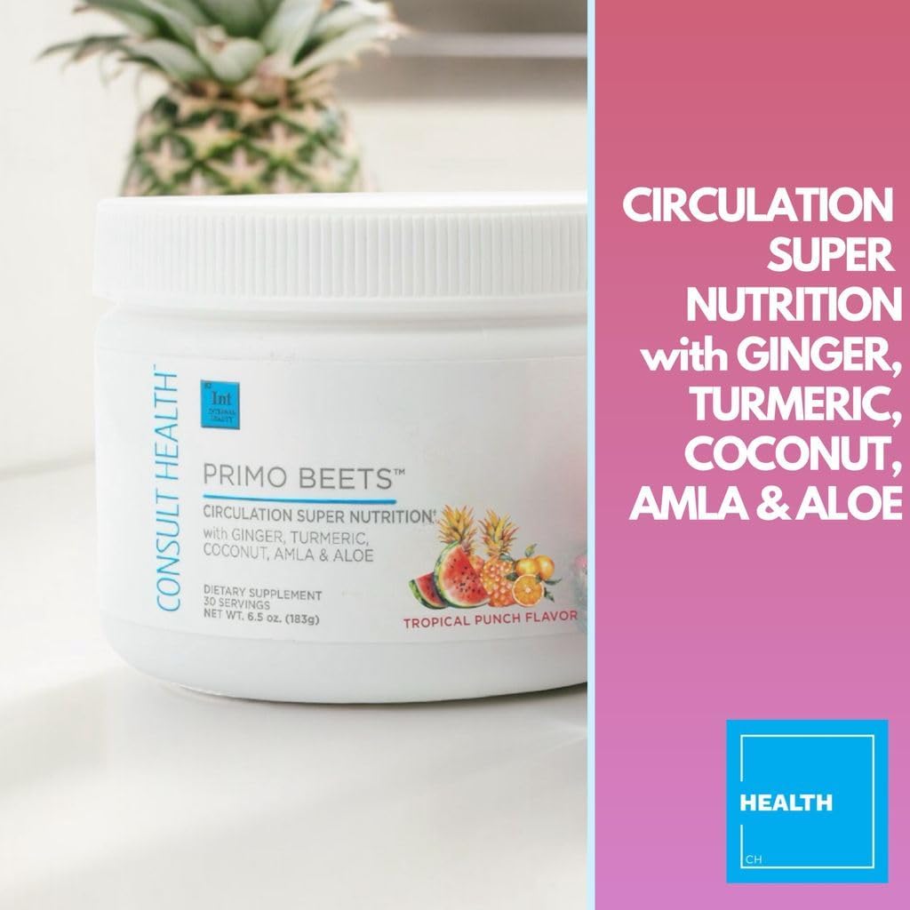 Consult Health Primo Beets - Beet Root Powder Drink Mix with Electrolytes - Nitrates to Support Circulation - Energy Boost - Ginger & Turmeric - Men & Women - Tropical Punch Flavor - 30 Servings