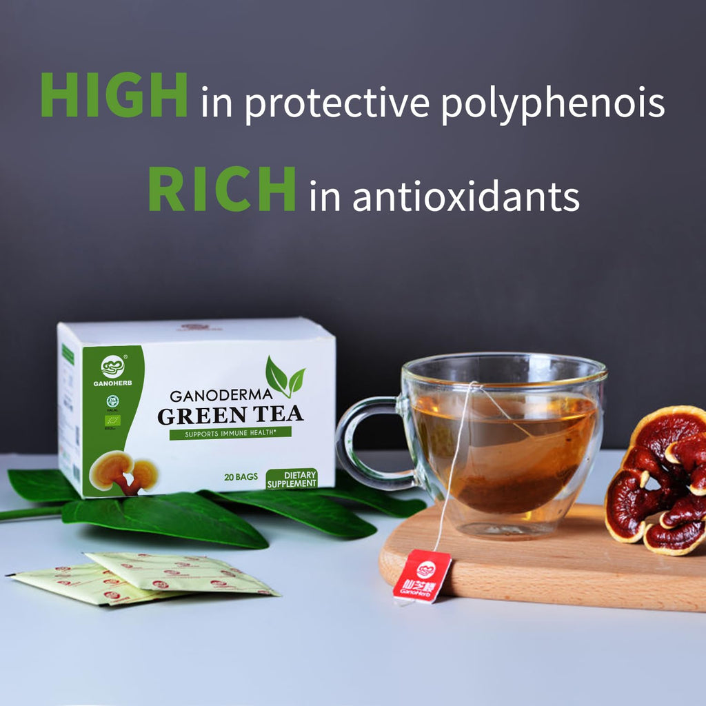 GANOHERB Reishi Mushroom Green Tea Bags - Instant Herbal Tea with Ganoderma Lucidum -Boost Immune System& Stress Relief& Full Energy-Vegan,Paleo,Gluten Free,No Sugar,0.07 Ounce (20 count)