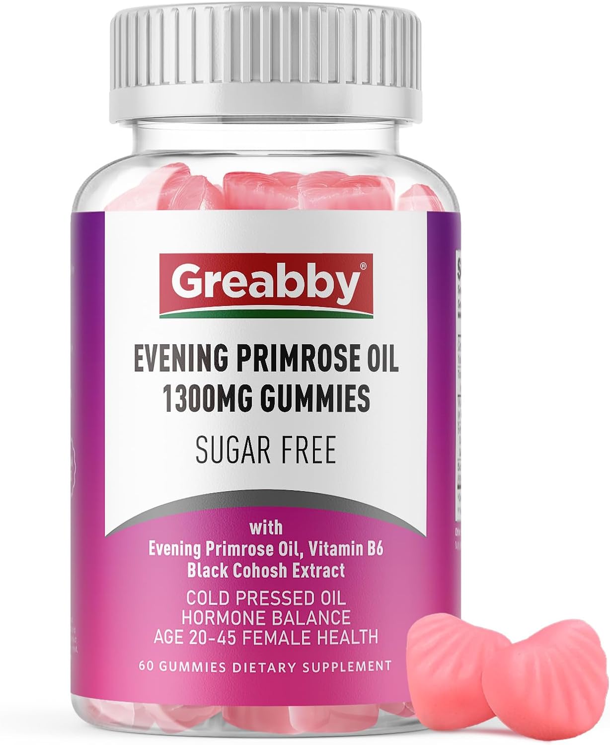 Evening Primrose Oil Gummies 1300mg with Black Cohosh & Vitamin B6, Sugar-Free, PMS Relief Supplements for Women 20-45, Chewable PMS Gummies, Strawberry Flavor, Vegan, Pectin, 60 Count