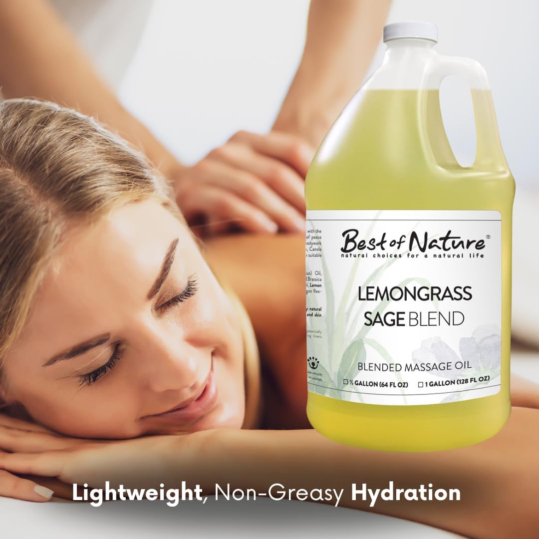 Best of Nature Lemongrass and Sage Massage Oil Blend - Non-Greasy Aromatherapy Massage Oil for Body, Skin & Face, Crafted with Pure Essential Oils, Gallon (128 fl oz)