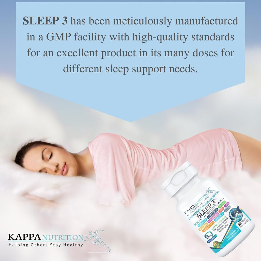 KAPPA NUTRITION Sleep 3, Sleep Aid, 3mg of Melatonin, 60-Day Supply, Non-Habit Forming Vegan Capsules Natural Ingredients for Easier Bedtime, Herbal Supplement, Valerian Root, Chamomile Non-GMO