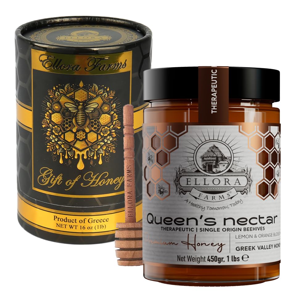 Ellora Farms Greek Honey, Lemon & Orange Blossom Raw Honey Unfiltered, 2025 Paris Platinum Award, Non-GMO and Unpasteurized, Gift Pack with Dipper - 450 g