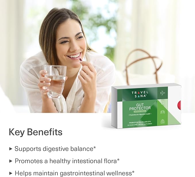 Travel Probiotics for Digestive Health, Immune Support & Occasional Traveler’s Diarrhea | Probiotics for Gut Health | Travel Essentials Supplement | Gut Protector | 30 Vegan Caps