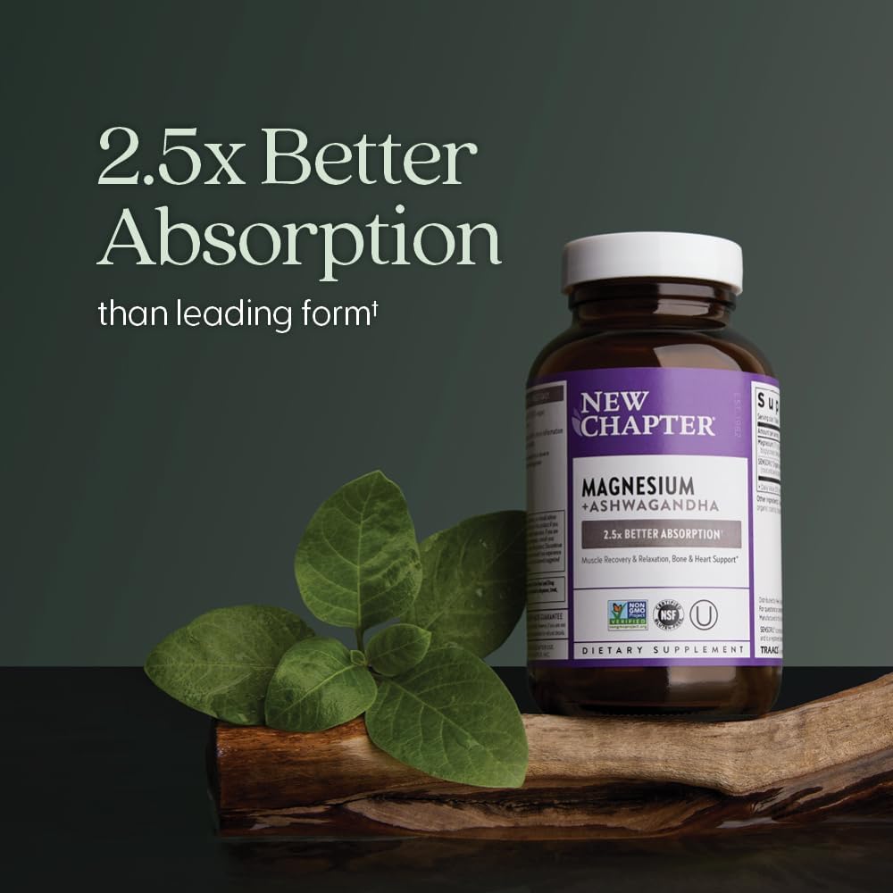 New Chapter Magnesium + Ashwagandha Supplement, 325 mg with Magnesium Glycinate for Muscle Relaxation & Recovery, Heart, Nerve & Bone Health, 2.5X Absorption, Non-GMO - 60 ct (2 Month Supply)