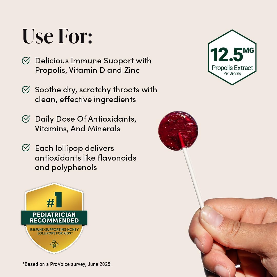 Beekeeper's Naturals Kids Throat Soothing Lollipops, Mixed Berry & Elderberry Doctor Formulated Immune Support, Vitamin D & Honey, 15 ct