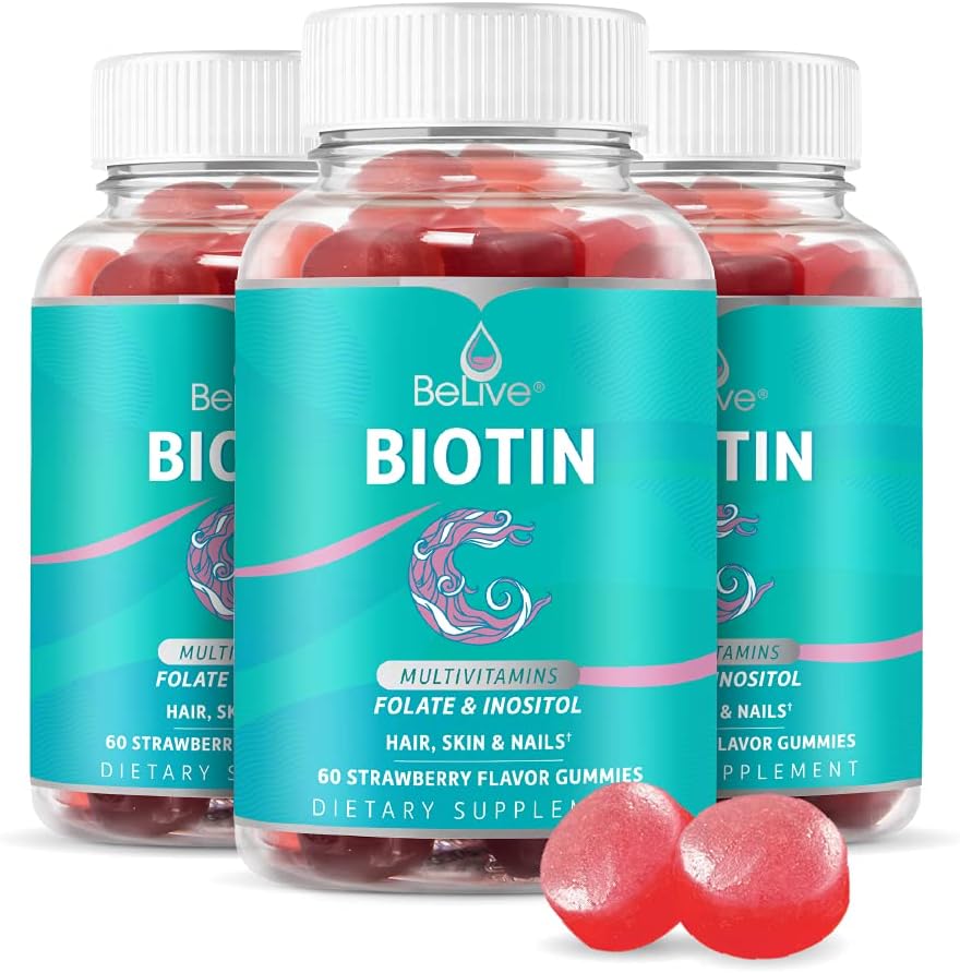 BeLive Biotin Gummies - Skin, Nails & Hair Vitamins with A, C, D, E, B12, Zinc, Folate & Inositol, Biotin Supplement for Anti-Aging, Energy & Collagen Boost, Multivitamin Gummies - Strawberry | 3-Pack