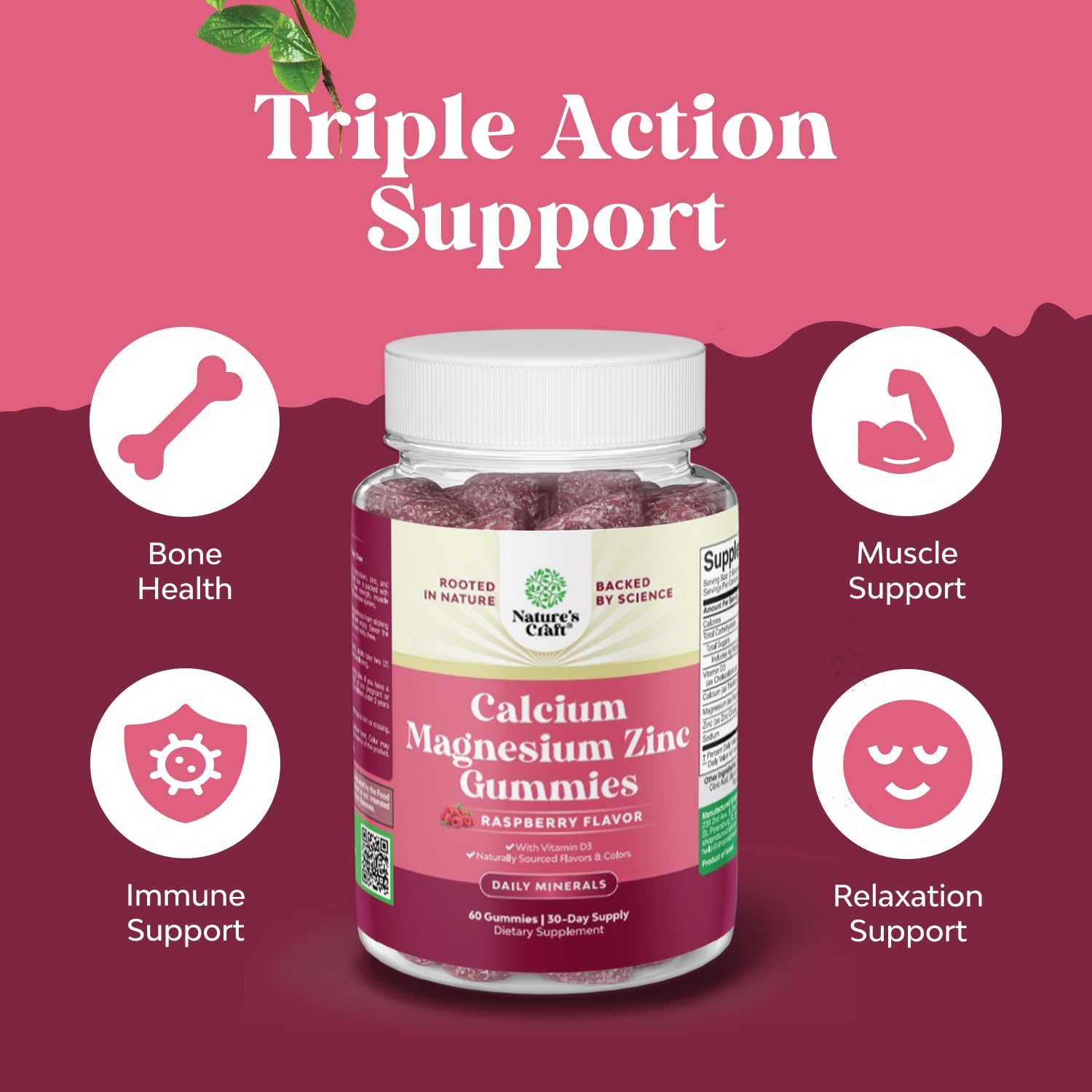 Calcium Magnesium Zinc Gummies - Magnesium Zinc Calcium Supplement Gummies with Vitamin D3 for Teeth and Bone Health - Certified Kosher Non-GMO Gelatin Free & Vegetarian Friendly (2 Month Supply)