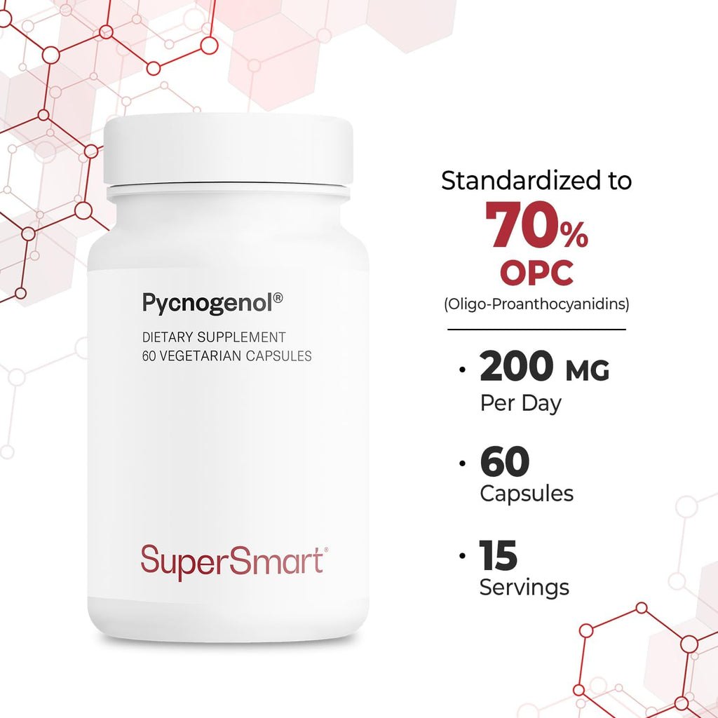 Supersmart Pycnogenol 200mg per Day (Patented & Highly Bioavailable) - French Maritime Pine Bark Extract | Non-GMO & Gluten Free - 60 Vegetarian Capsules
