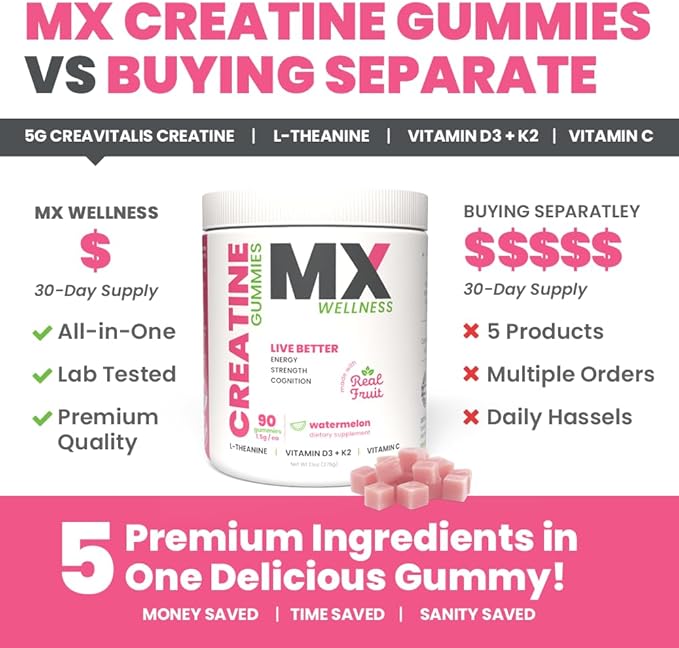 Creatine Monohydrate Gummies for Men & Women – Real Fruit Gummy Supplement for Muscle Growth, Recovery, Longevity, Cognitive Health & Memory – 90 Chews (90 Gummies, Watermelon)
