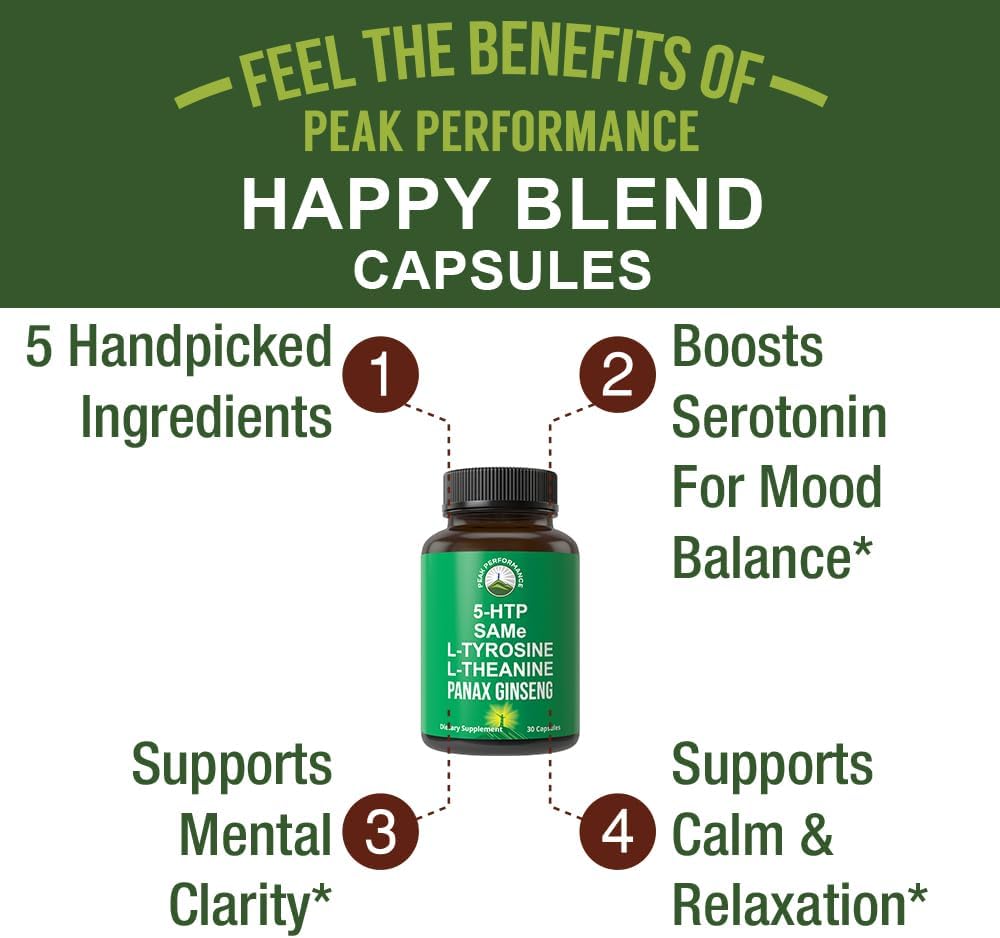 Peak Performance Mood Support Supplement with 5 Top Ingredients: 5HTP, SAM e, L Tyrosine, L Theanine, and Panax Ginseng. Calm, Focus, Relaxation Supplements. Vegan