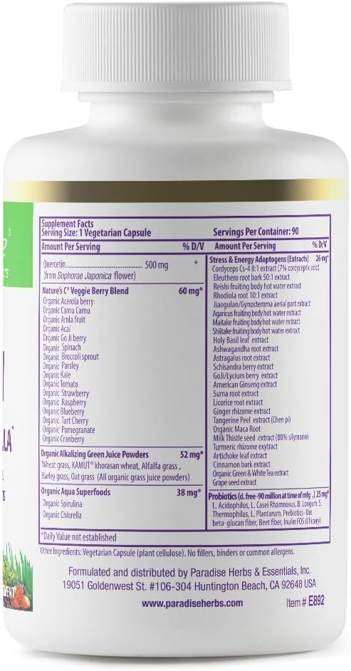 Paradise Herbs Earth's Blend Quercetin, for Immunity, Antioxidant Activity, Probiotics, Adaptogens, Vegan, Non GMO, Gluten Free, 90 Vegetarian Capsules