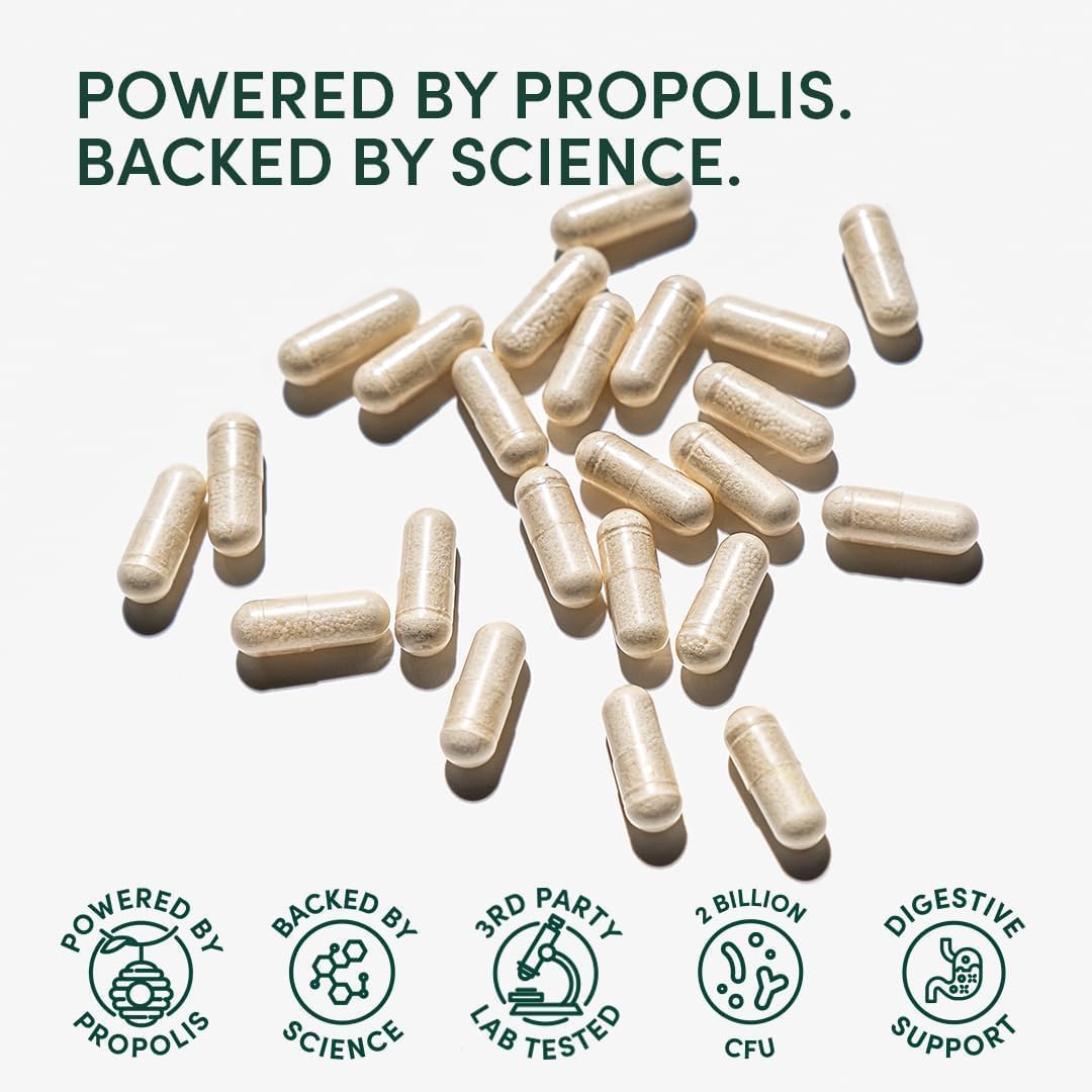 Beekeeper's Naturals Complete Gut Health, 3-in-1 Prebiotic, Postbiotic, Probiotics for Digestive Health & Bloating Relief for Women & Men, Propolis Powered, Gluten-Free Vegan Capsules, 28ct