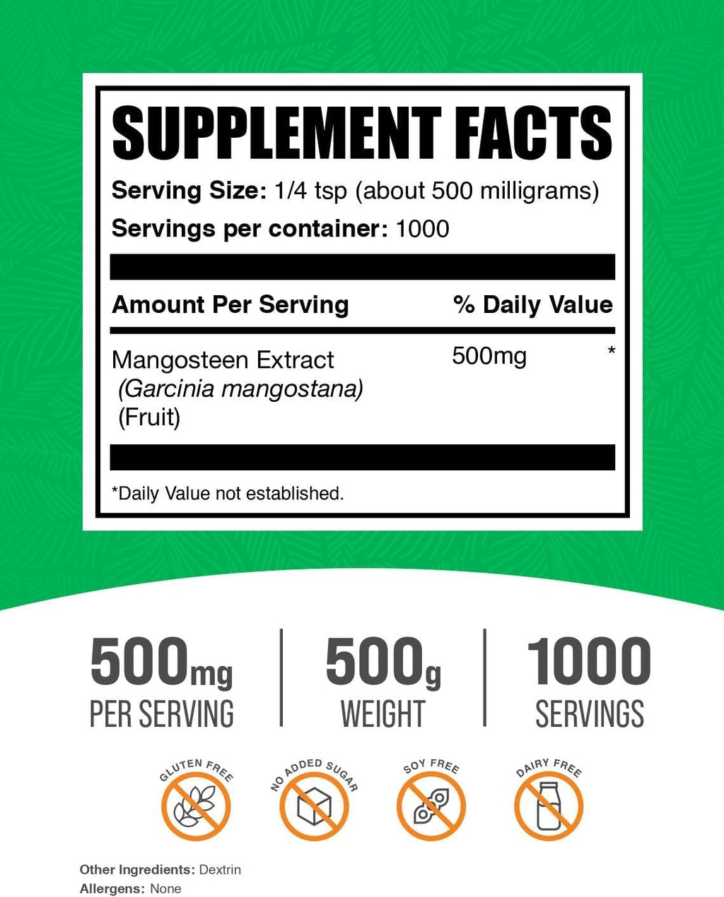 BulkSupplements.com Mangosteen Extract Powder - Superfood Supplement, from Mangosteen Fruit - Gluten Free, 500mg per Serving, 500g (1.1 lbs) (Pack of 1)