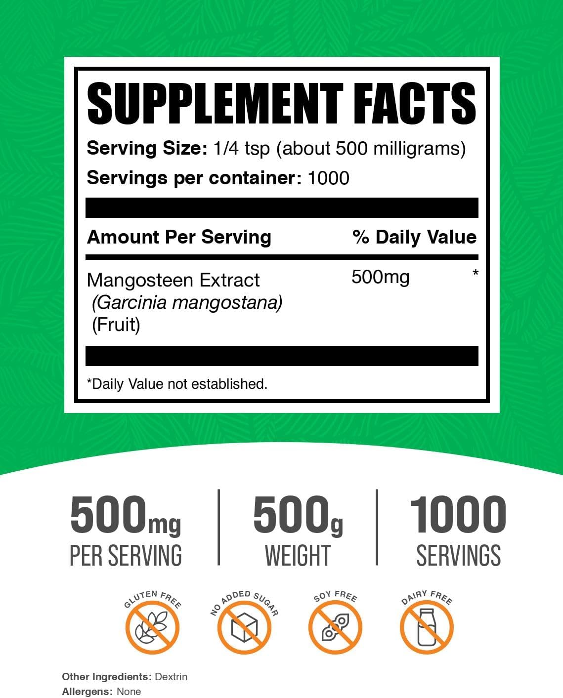 BulkSupplements.com Mangosteen Extract Powder - Superfood Supplement, from Mangosteen Fruit - Gluten Free, 500mg per Serving, 500g (1.1 lbs) (Pack of 1)