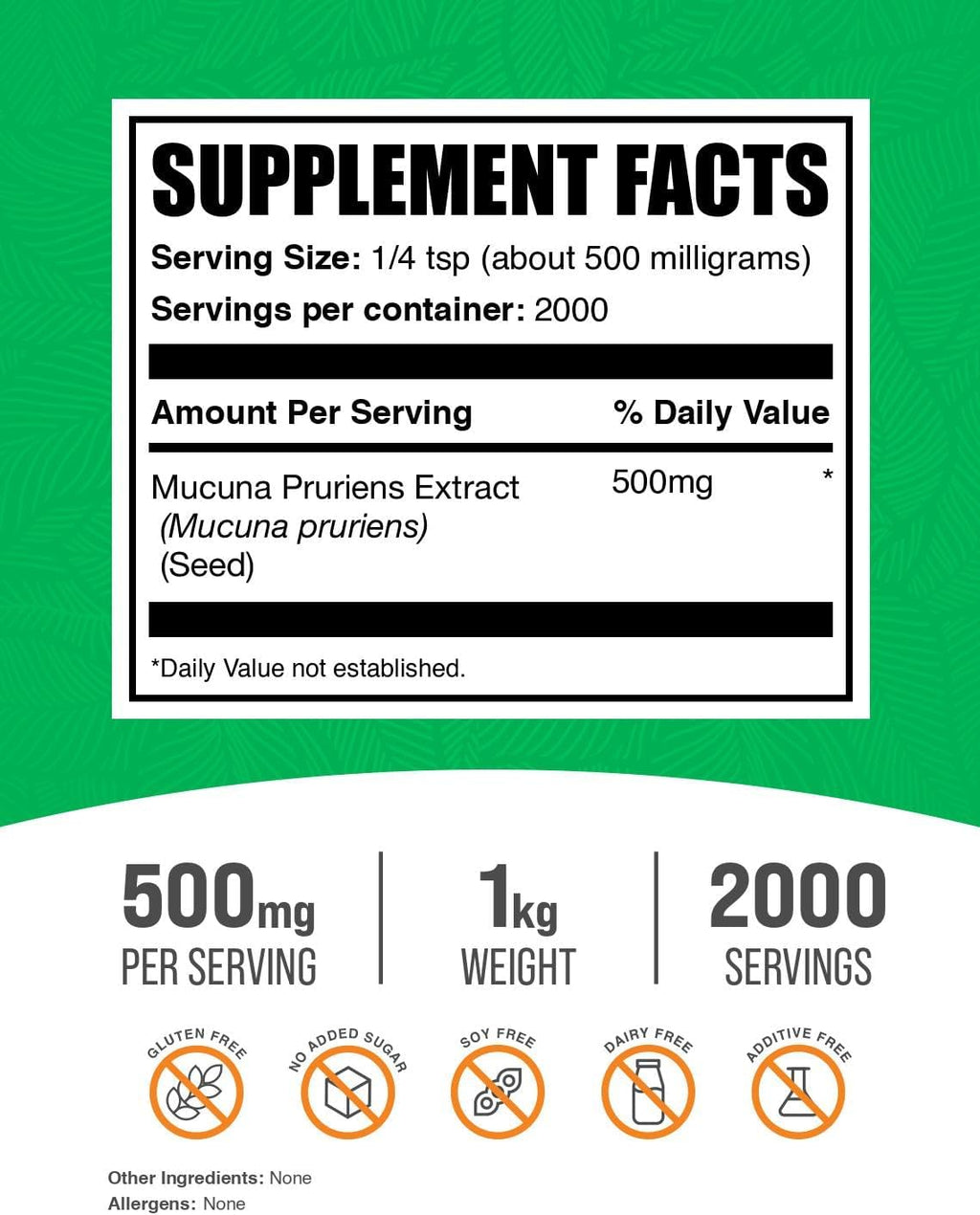 BulkSupplements.com Mucuna Pruriens Extract Powder - Mucuna Pruriens Supplements, Herbal Supplement - Vegan & Gluten Free, 500mg per Serving, 1kg (2.2 lbs) (Pack of 1)