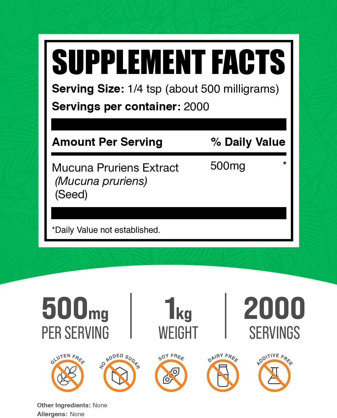 BulkSupplements.com Mucuna Pruriens Extract Powder - Mucuna Pruriens Supplements, Herbal Supplement - Vegan & Gluten Free, 500mg per Serving, 1kg (2.2 lbs) (Pack of 1)