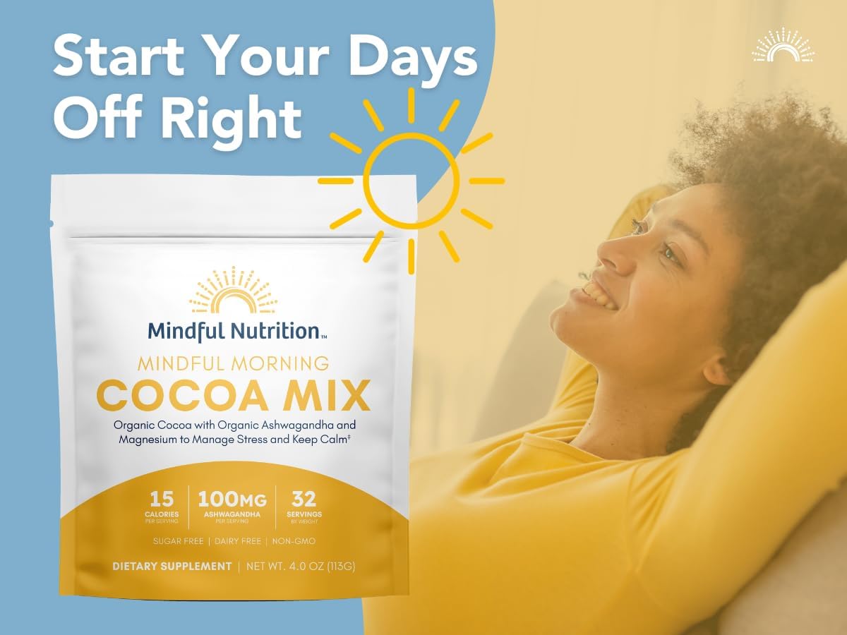 Mindful Morning Sugar Free Hot Chocolate Mix with Organic Ashwagandha and Magnesium Supplements to Relax the Mood and Calm the Mind, Natural Stress Relief Supplement Hot Cocoa
