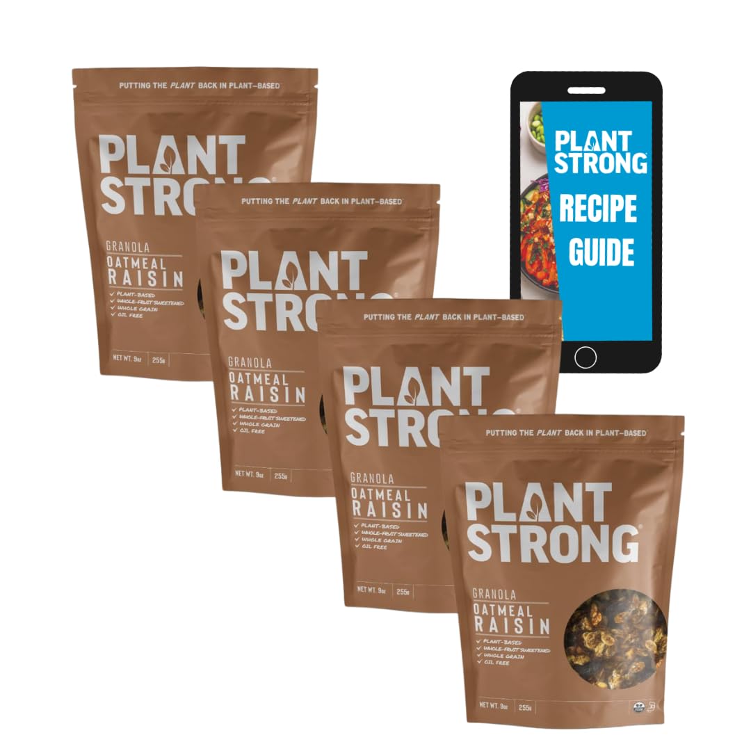 PLANTSTRONG Classic Oatmeal Raisin Cookie Granola Snack Mix and Recipe Booklet - Whole Grain, Naturally Sweetened With Fruit, Plant Based, Oil Free - Pack of 4 x 9oz Bags