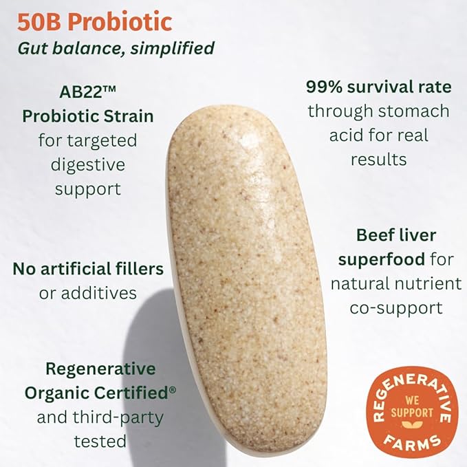 Probiotic 50B CFU with Beef Liver – Regenerative Organic Certified Daily Gut Health Supplement – Supports Digestion, Immune & Emotional Wellness – 60 Tablets