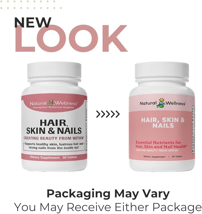 Natural Wellness Hair, Skin & Nails Supplement – Biotin Hair Growth Vitamins, Essential Minerals & Antioxidants – Supports Healthy Hair Growth, Strong Nails & Glowing Skin – 90 Tablets, 1 Month Supply