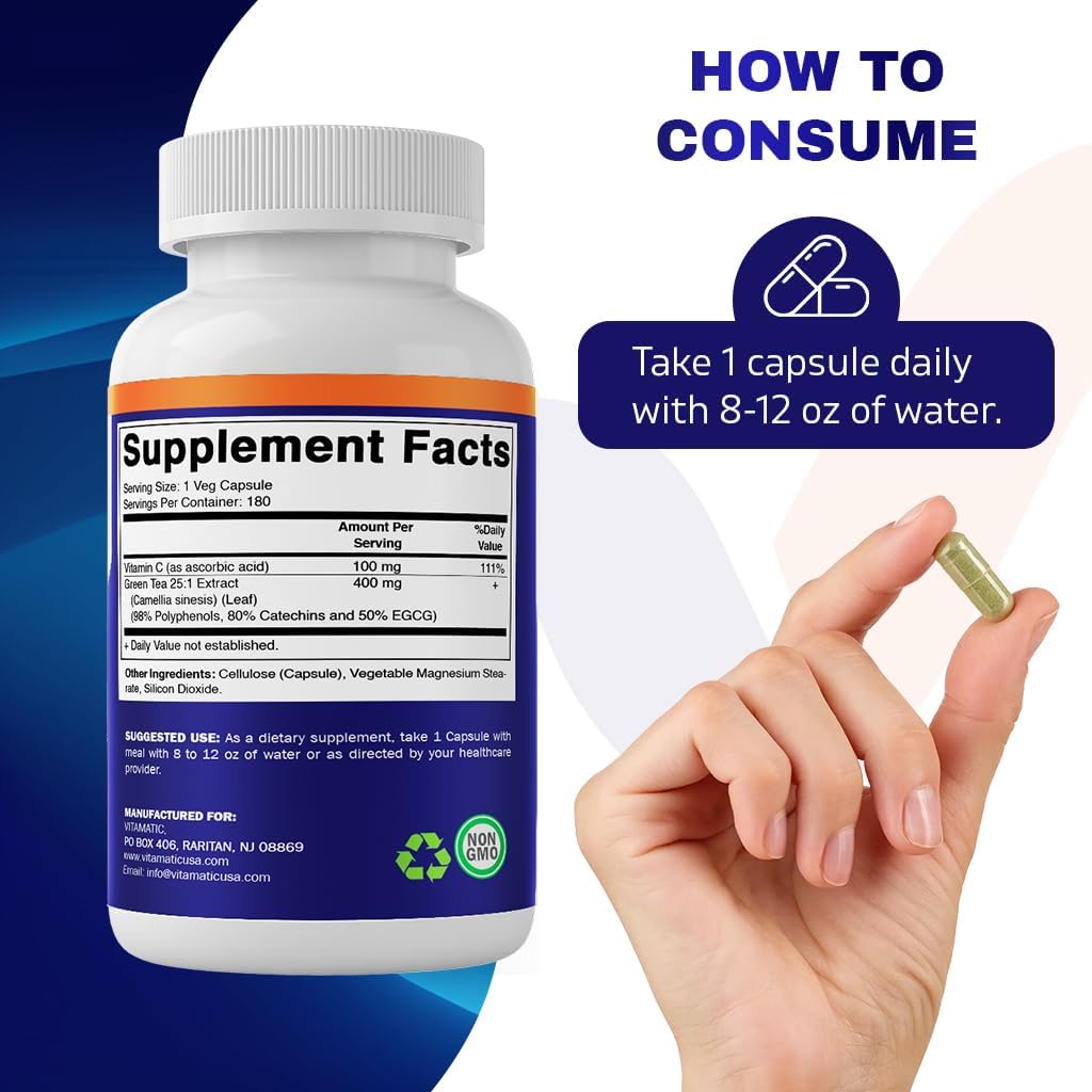 Vitamatic Green Tea Extract with Vitamin C, 25X Concentrate, 98% Polyphenols, 80% Catechins, 50% EGCG, 180 Veg Capsules