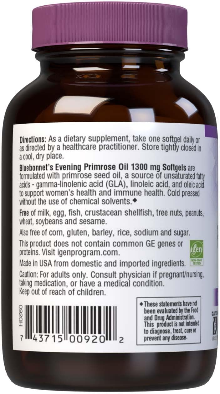 BlueBonnet Evening Primrose Oil for Women 1300mg Softgels - Cold Pressed - Women's Health Supplement - Gamma-Linolenic Acid (GLA) - Non-GMO, Gluten-Free, Soy-Free, Dairy-Free - 90 Softgels