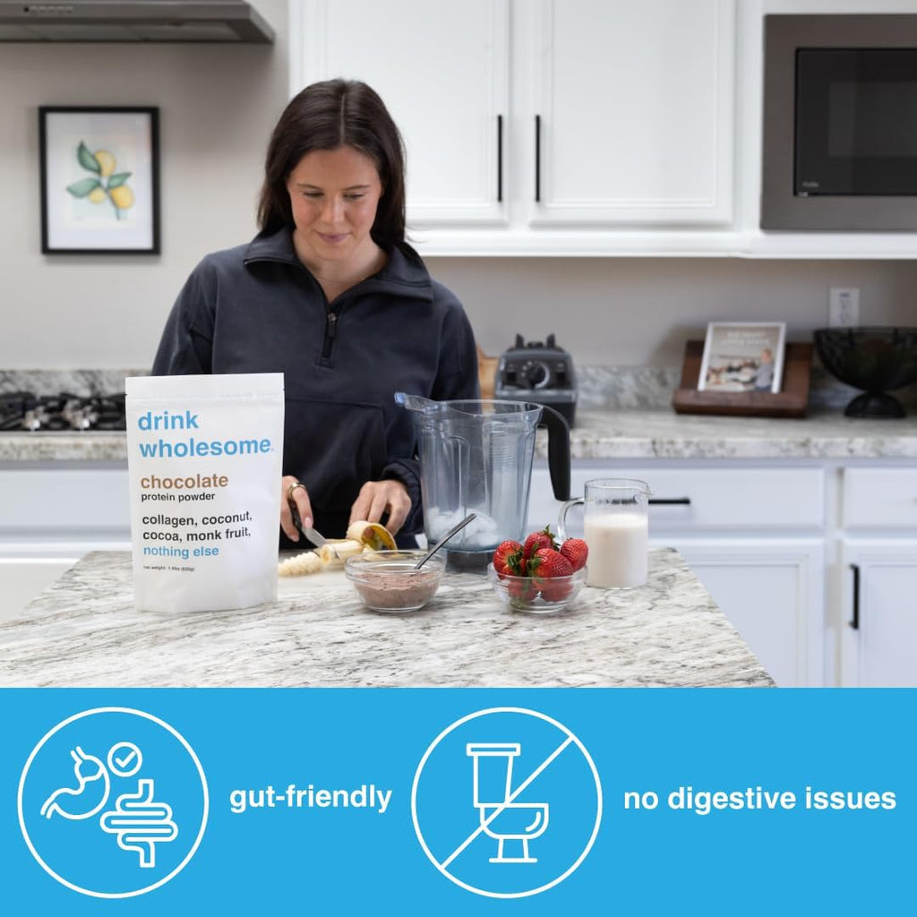 drink wholesome Chocolate Collagen Protein Powder | for Sensitive Stomachs | Gut Friendly | Additive & Dairy Free | No Artificial Sweeteners | No Bloating, Farts or Gas | No Constipation or Diarrhea
