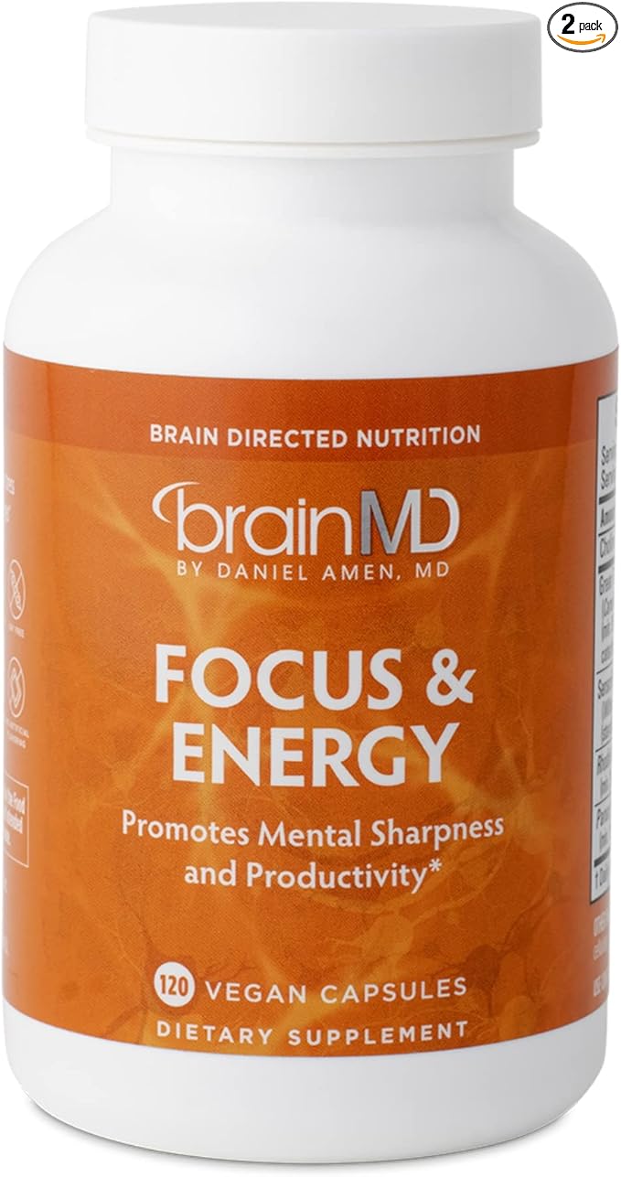 BRAINMD Dr Amen Focus & Energy - 120 Capsules, Pack of 2 - Promotes Concentration & Attention - Caffeine Free, Gluten Free - 60 Total Servings