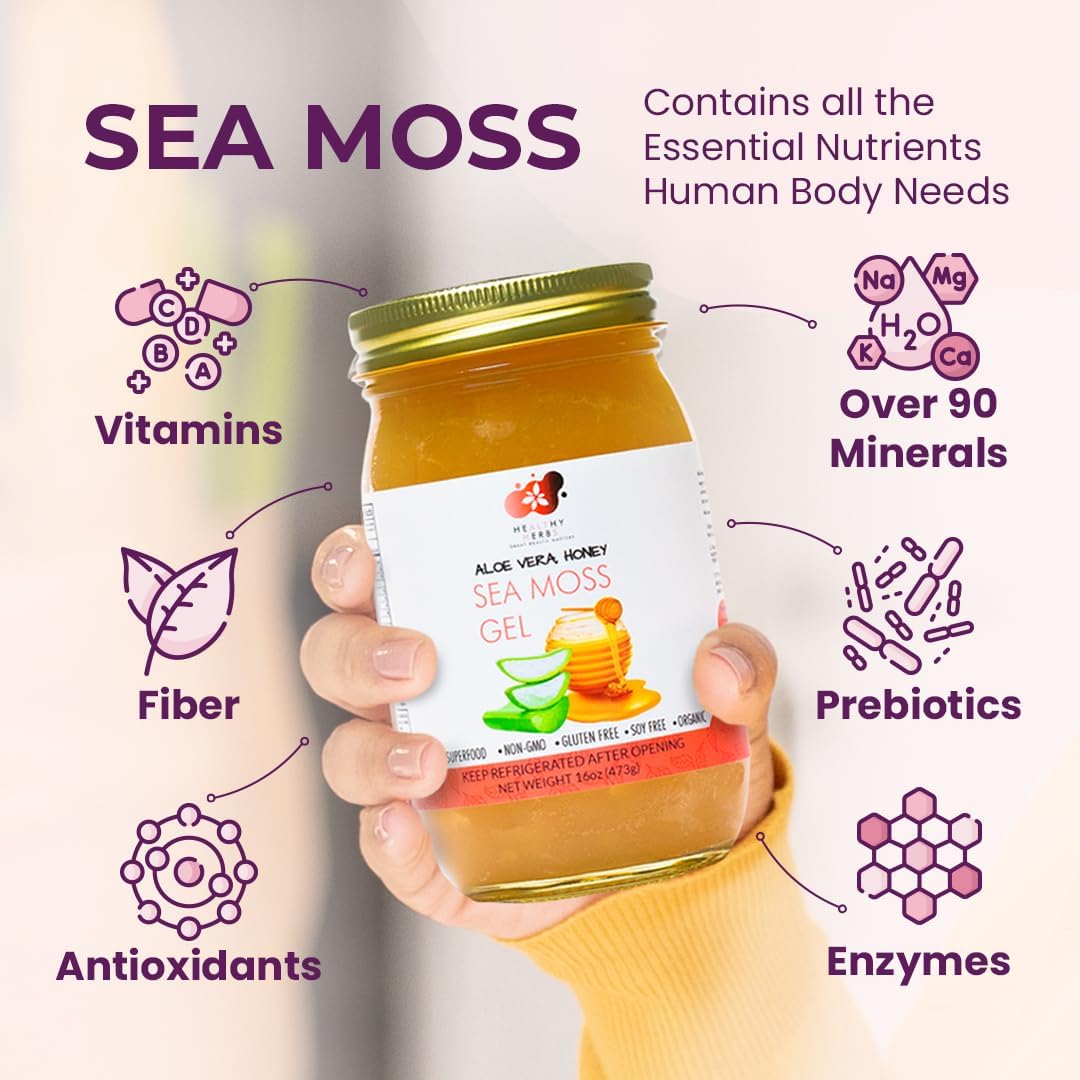 Healthy Herbs Sea Moss Gel (Aloe Vera Honey) Wildcrafted from Jamaican St Lucia Gold Seamoss | Wild-Harvested Superfood With Over 90 Essential Vitamins & Minerals | Vegan, Non-GMO, US-Made (16 oz.)