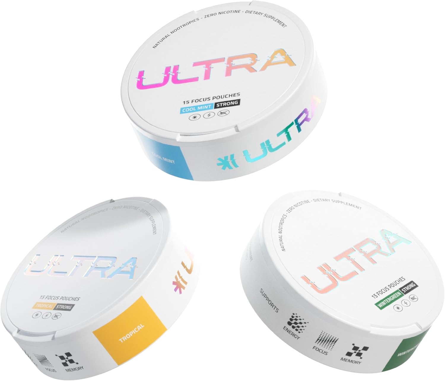 Ultra Focus Pouches with Vitamin B12, L-Theanine, Vitamin B6, Ginseng & Alpha GPC, Natural Adaptogens and Nootropics for Energy and Clarity, Plant Based and Caffeine Free, Variety, 3-Pack