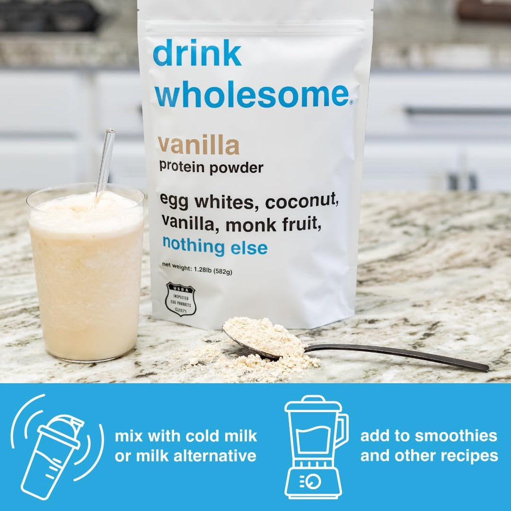 drink wholesome Vanilla Egg White Protein Powder | for Sensitive Stomachs | Gut Friendly | Additive & Dairy Free | No Artificial Sweeteners | No Bloating, Farts or Gas | No Constipation or Diarrhea