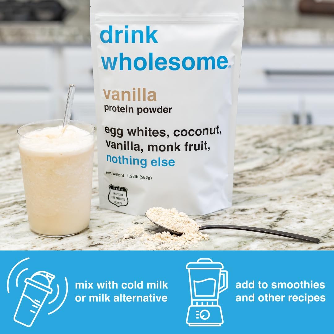 drink wholesome Vanilla Egg White Protein Powder | for Sensitive Stomachs | Gut Friendly | Additive & Dairy Free | No Artificial Sweeteners | No Bloating, Farts or Gas | No Constipation or Diarrhea