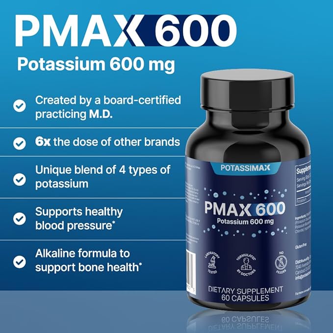 PMAX600 Potassium Supplement 600mg, 4-Type Potassium Blend with Citrate, Gluconate, Bicarbonate & Chloride, High Absorption Capsules for Electrolyte & Kidney Health Support (30 Servings)
