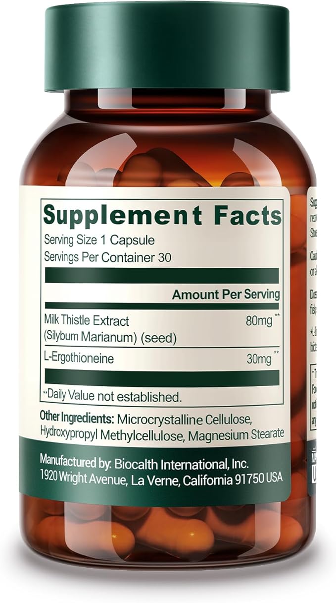 Clinically Studied L-Ergothioneine + Milk Thistle Supplement – Advanced Cellular and Liver Health Support – 30mg 99.99% Ultra-Pure Ergothioneine – Vegan, Non-GMO, 30 Count
