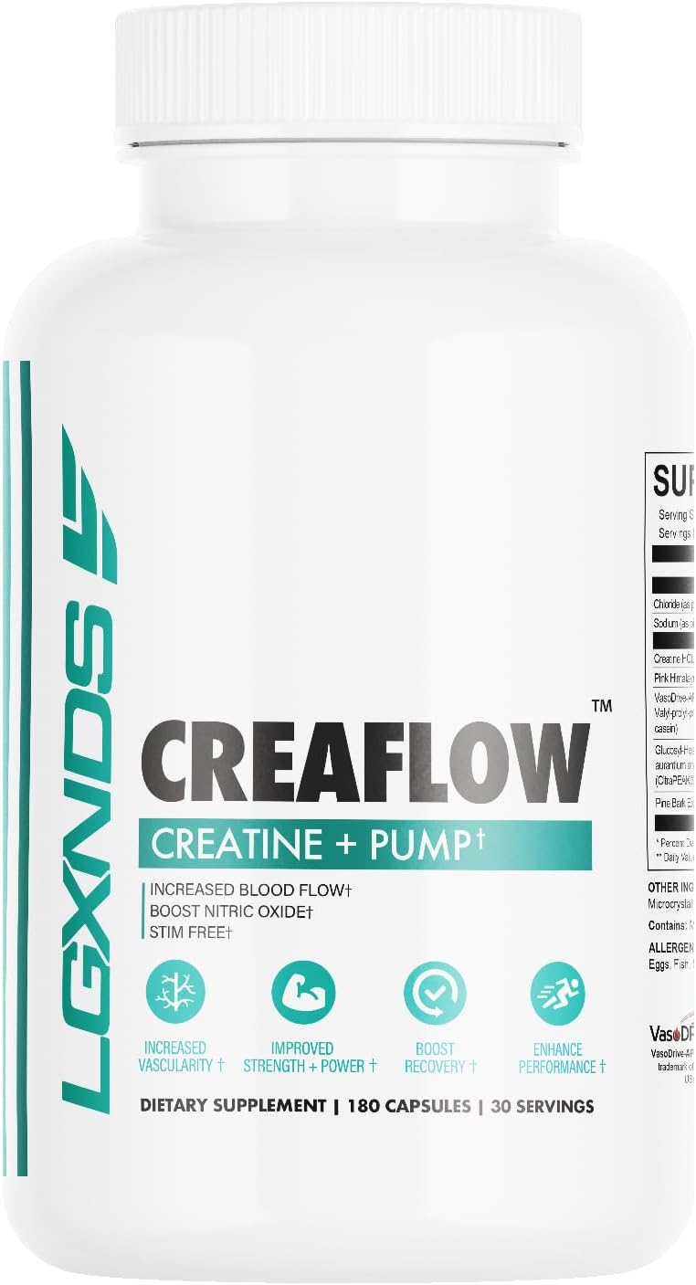 Creaflow Stim-Free Creatine Pills | Support Muscle Gain, Performance, Strength and Workout Recovery | Pre Workout Supplement for Men & Women | 180 Capsules, 30 Servings