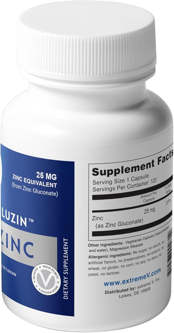 Gluzin Zinc Gluconate 25 mg | Immune & Enzyme Support - Vegan Friendly (120 Vegetarian Capsules)