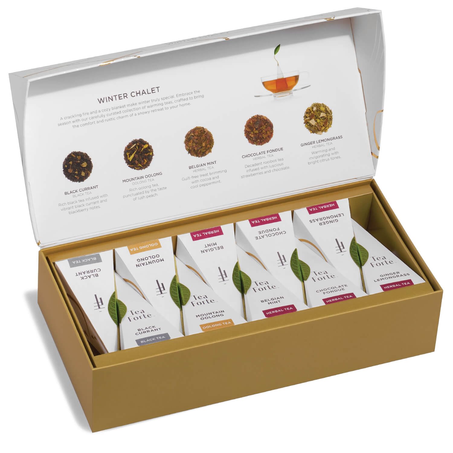 Tea Forte Winter Chalet Premium Petite Presentation Box Gift Set Sampler, 10 Count, 2 of Each Blend Individually Wrapped Handcrafted Pyramid Infuser Bags