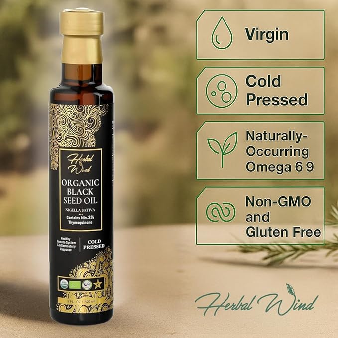 Herbal Wind Black Seed Oil: Cold Pressed USDA Organic Black Seed Oil Liquid - Turkish Nigella Sativa Black Cumin Seed Oil with Min. 2% Thymoquinone for Immune Support, Joint Health and More - 8 Fl Oz