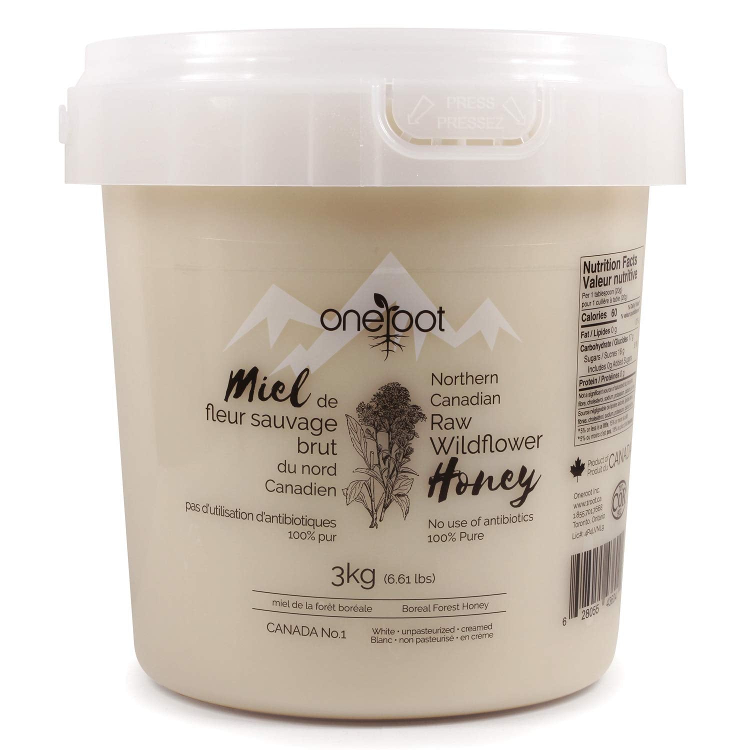 Oneroot 100% Canadian Wildflower Honey - 6.6 lbs, Unheated & Creamed - Nutrient-Rich, Natural Sweetener with Enzymes - Thick & Pure Raw Unfiltered Honey