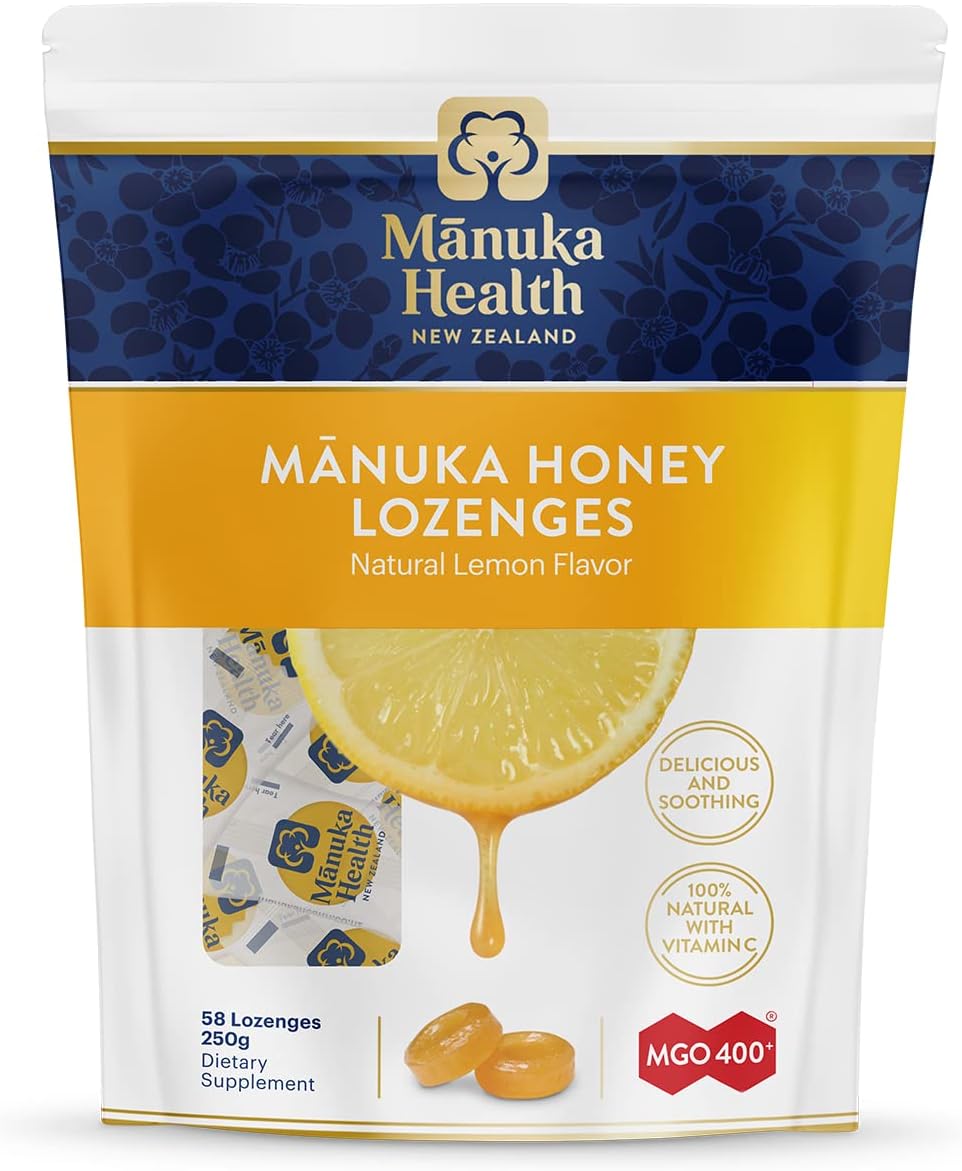 Manuka Health Manuka Honey Cough Drops – 58 Natural Lemon Flavored Throat Lozenges Infused with Raw Manuka Honey and Vitamin C for Immune Support