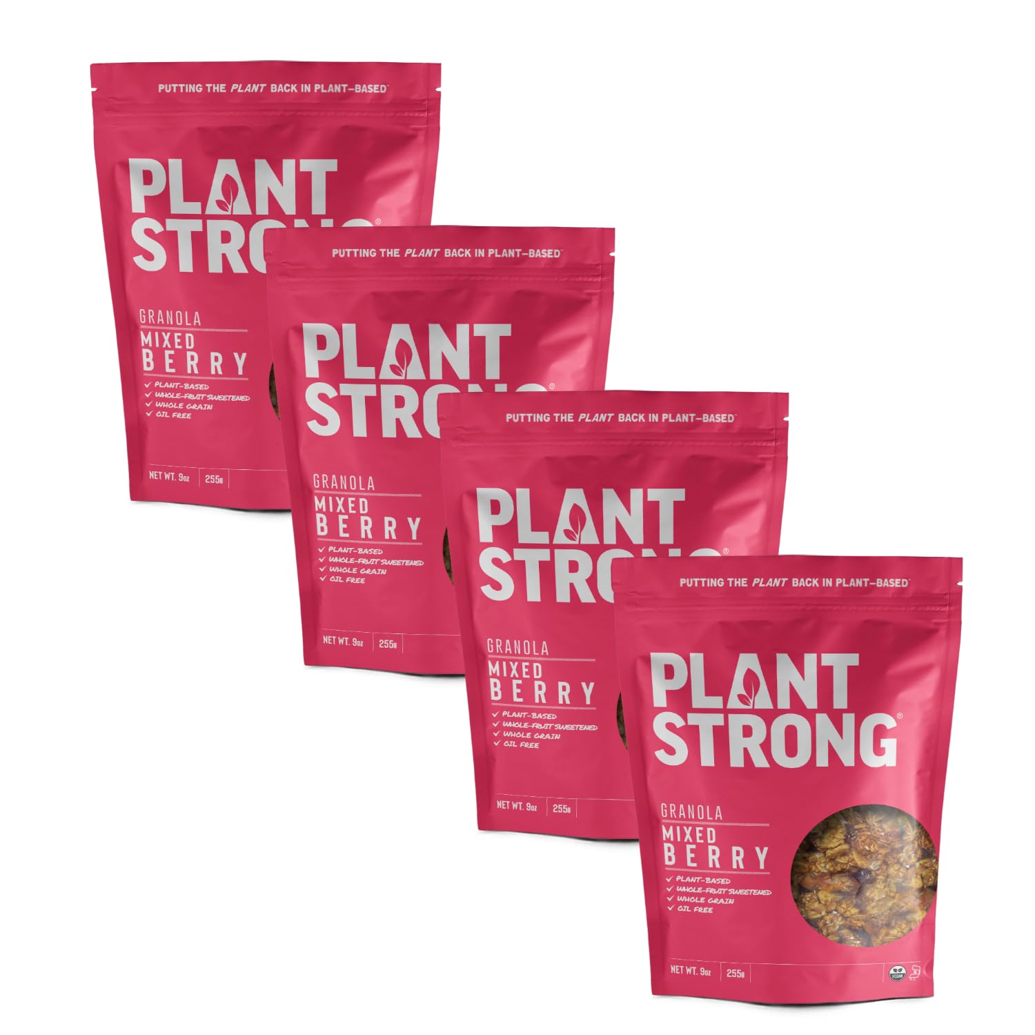PLANTSTRONG Crispy Mixed Berry Crumble Granola Snack Mix - Whole Grain, Naturally Sweetened With Fruit, Plant Based, Oil Free - Pack of 4 x 9oz Bags