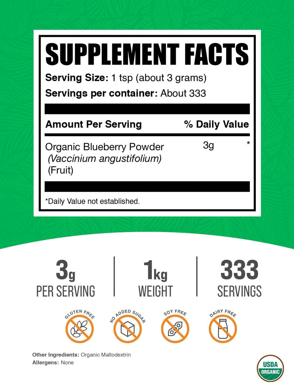 BulkSupplements.com Organic Blueberry Powder - Antioxidant Support, Bluberry Supplement - Vegan & Gluten Free, 3g per Serving, 1kg (2.2 lbs) (Pack of 1)